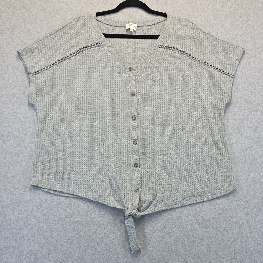 Ava James Grey Waffle Knit Button Front Tie Hem Top –
